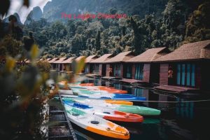 Kayaks moored at The Laguna Cheow Lan, floating houses on the Cheow Lan Lake (Rajjaprabha Dam).