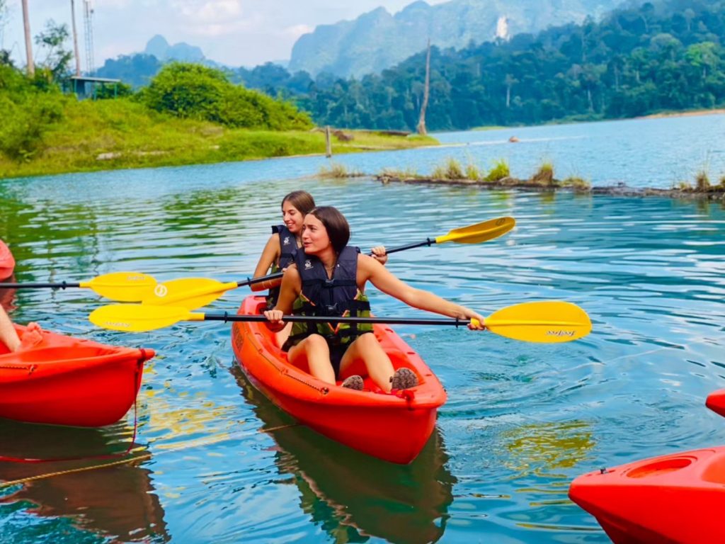 Tourists kayaking at the Cheow lan Lake.