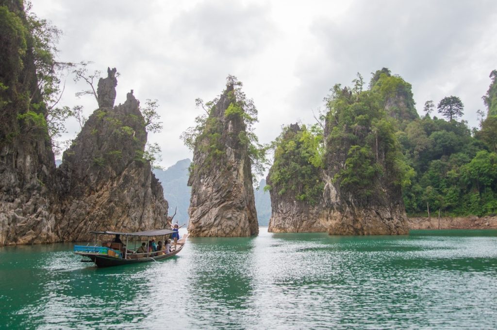 Rocky islets on the Cheow Lan Lake, Khao Sok National Park.